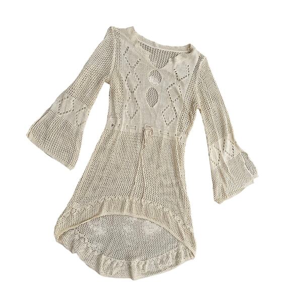 Cream crochet top high low bell sleeve small M women hippie boho indie open knit - Picture 1 of 5